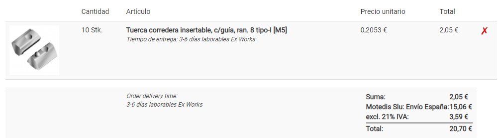 Twitter, haz tu magia. Necesito esto, pero sin pagar x10 más por los gastos de envío que por el producto:

Tuerca corredera insertable, c/guía, ran. 8 tipo-I [M5]
motedis.es/shop/Accesorio…

¿Alguna empresa en España?

<a href="/Motedis/">Motedis</a> <a href="/NorthWsim/">NorthWsim</a> <a href="/AsturSimRace/">AsturSimRace</a>