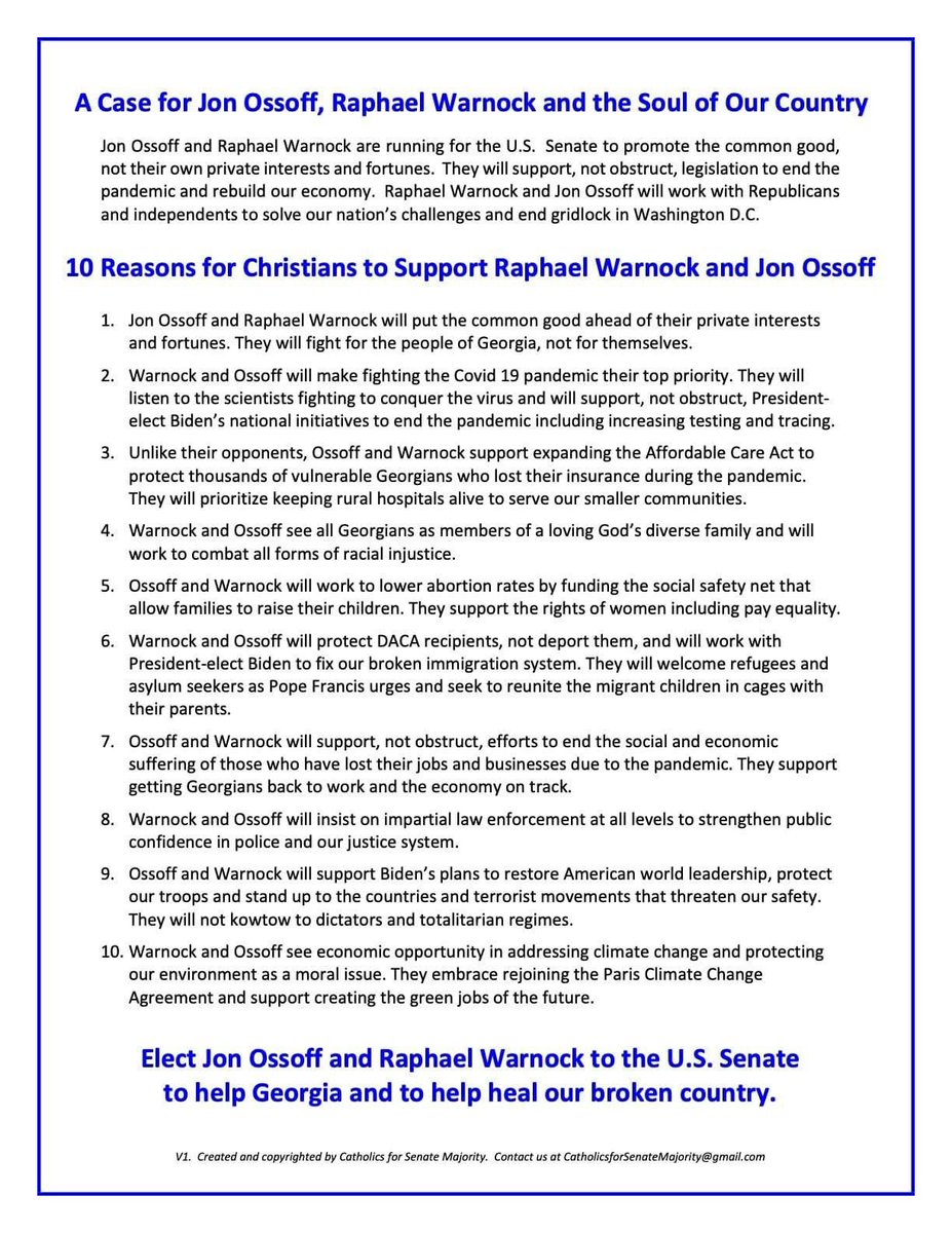 Melisa Hopkinson: 
“I'm so fired up after meeting (or should I say Zooming) with Catholics around Georgia who are working to elect Ossoff and Warnock to the U.S. Senate. Check out this document we've written, making the moral case for voting for Ossoff and Warnock.”#GeorgiaRising