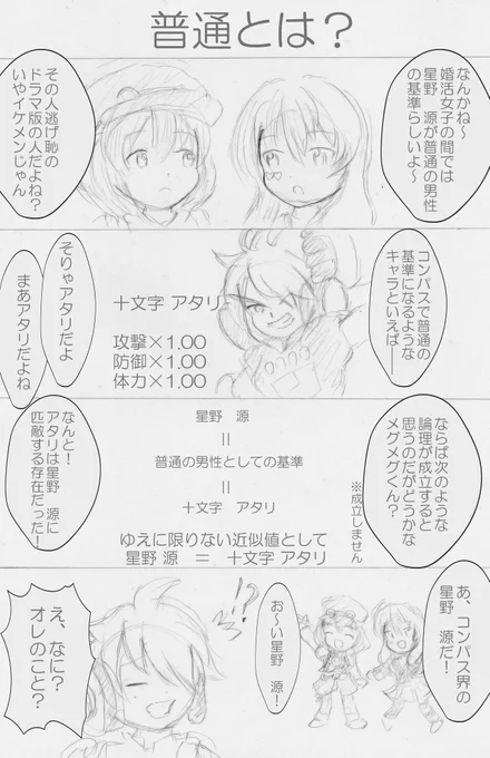 #コンパスお絵描き
婚活女子にとっての普通の男性は「星野源みたいな容姿で年収500万以上」というニュースを見たので描いた四コマ! 