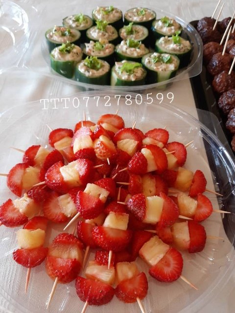 Cucumber bites and fruit kebabs are the most sought after and most complimented on. Maybe because we all like veggies and fruit. I once did a Strawberry and red grapes combo and this customer insisted I had added something to make them tastier