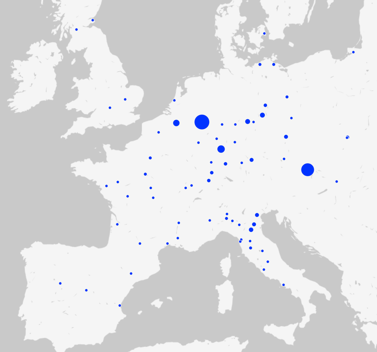 kaspargubler's tweet photo. Don't you know what you should study at the university? But you want a secure job later? Then become a jurist. This has already worked in the Middle Ages: Visualizations from the @RAG_online  project show where jurists worked (red) and where they studied (blue) 1250-1550
#dataviz https://t.co/u5jiFCd4Rr