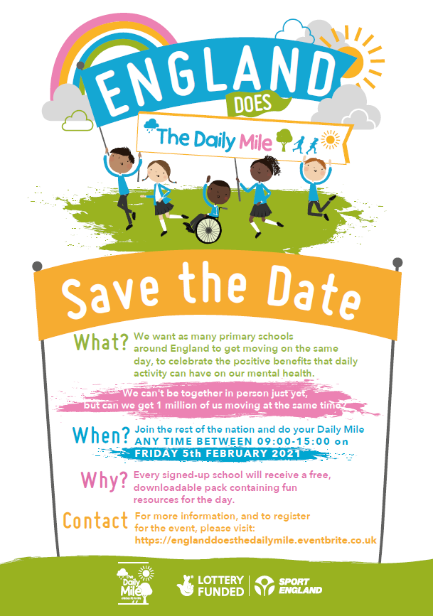 *SAVE THE DATE*

We're excited to be involved with a new national event for 2021 - 'England Does <a href="/_thedailymile/">The Daily Mile UK</a>'

Help get 1 million children active on Fri 5th Feb 2021 -  #ChildrensMentalHealthWeek supported by <a href="/Place2Be/">Place2Be</a> - don't miss out!

Sign up here: bit.ly/3m0aspp
