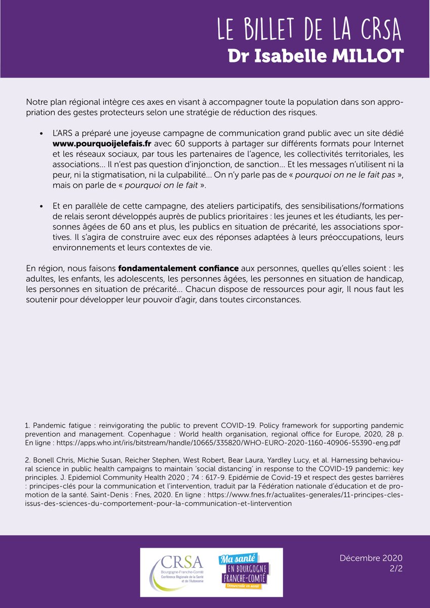 Cette semaine, le billet de la CRSA, c'est moi qui l'ai rédigé ☀️📎 : 
Plan régional de #prévention #Covid19 avec ateliers participatifs et campagne #pourquoijelefais de remobilisation par l'@arsbfc 

…-sante-en-bourgogne-franche-comte.org/actualites/le-…
 #confiance #solidarité #participation #pouvoirdagir