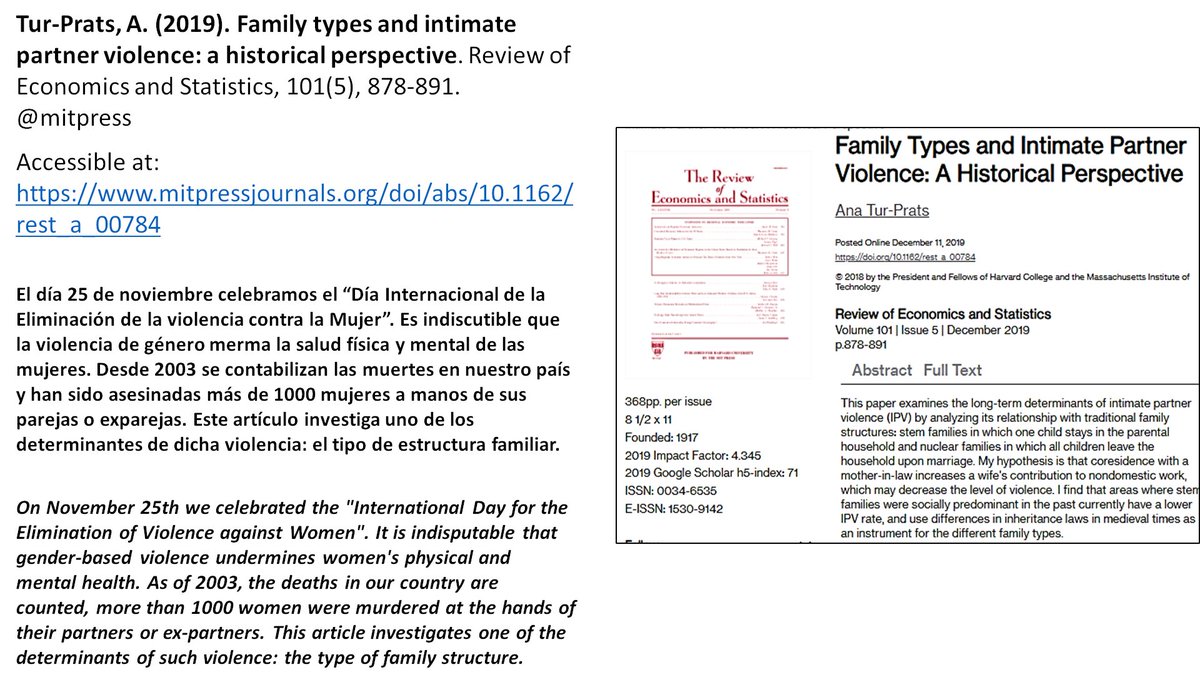 evaluAESclublectura #healthdeterminants #feministeconomics. Reading recommended by @helenam_hp. Tur-Prats, A. (2019). Family types and intimate partner violence: a historical perspective. Review of Economics and Statistics, 101(5), 878-891. mitpressjournals.org/doi/abs/10.116… @mitpress