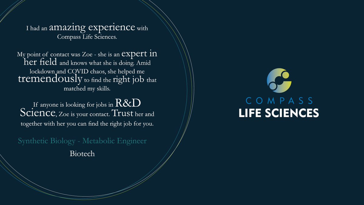Compass_LS's tweet photo. Consultant, Zoe Pindar-Ark, who focuses on R&amp;D appointments for Compass Life Sciences has had some fantastic candidate feedback in a recent testimonial - well done Zoe!

#testimonials #candidatefeedback #metabolicengineer #biotech #RandD https://t.co/ZSe0SIqtoa