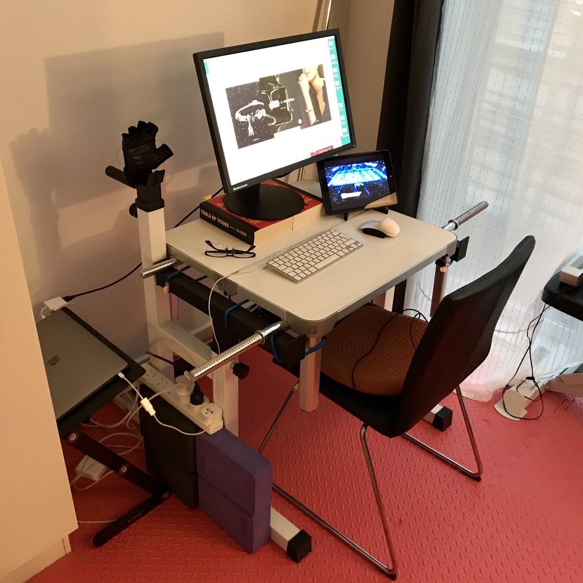Finally came to my senses and decided to buy a proper desk that should arrive next week… until then, it’s me and good ol’ Frankenstein here! Squat rack + barbells + rope + <a href="/ZestDesk/">Peter,Michelle&James</a> = pure magic 🤯 #WFH #WorkingFromHome #HomeOffice #HomeGym