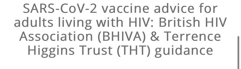 Please see our guidance co-written with  @THTorguk regarding SARS-CoV-2 vaccination for adults living with HIV.  https://www.bhiva.org/SARS-CoV-2-vaccine-advice-for-adults-living-with-HIVAnd the plain English version is here:  https://www.bhiva.org/SARS-CoV-2-vaccine-advice-for-adults-living-with-HIV-plain-english-version