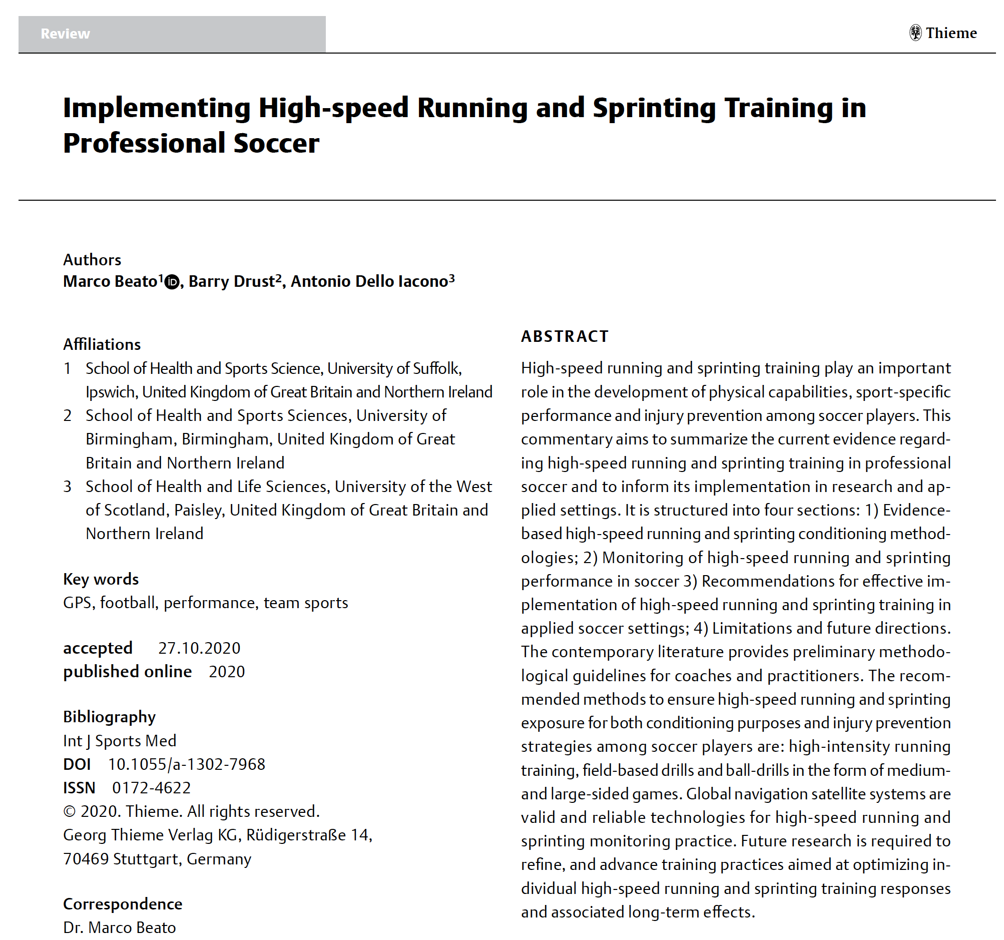 HIGH-SPEED RUNNING & SPRINTING TRAINING IN SOCCER BY MARCO BEATO