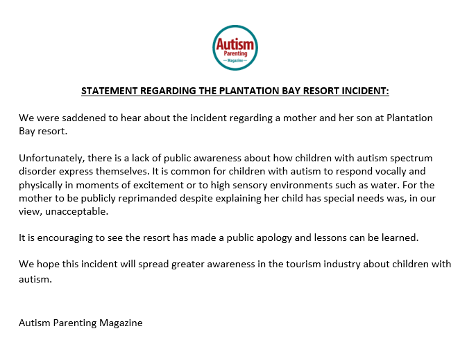 AutismParentMag's tweet photo. In response to a recent incident at a #PlantationBay resort, we're raising awareness of how children with autism express emotions with our guide to stimming behaviors https://t.co/FeV2ftJr6Z #PWARights #AutismAcceptanceandAwareness #AutismAwareness #autismacceptance https://t.co/QxNxRvrxAO