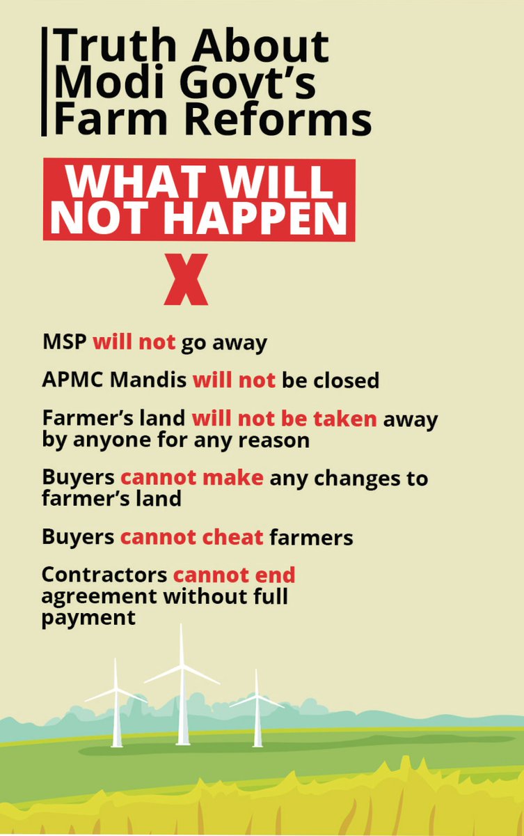 On the current  #FarmLaws2020, there is much debate as to what may or may not happen.WHAT WILL NOT HAPPEN MSP will not go away; APMC Mandis will not close; Farmers land cannot be taken wayWHAT WILL HAPPENFarmers can sell in Mandis & outside; More income; More jobs. 2/10