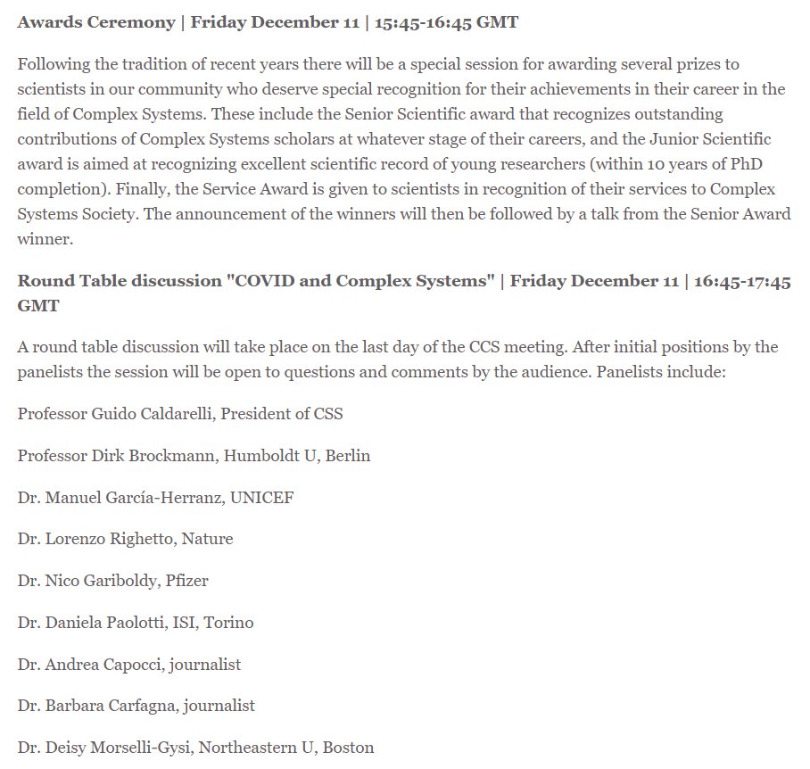 📢Join us this Friday at 15:45 GMT for the #CCS2020 Awards Ceremony and round table on COVID and Complex Systems. The events will be open to everyone, even those not registered to the conference. The link to connect will be made available on ccs2020.web.auth.gr on Friday.