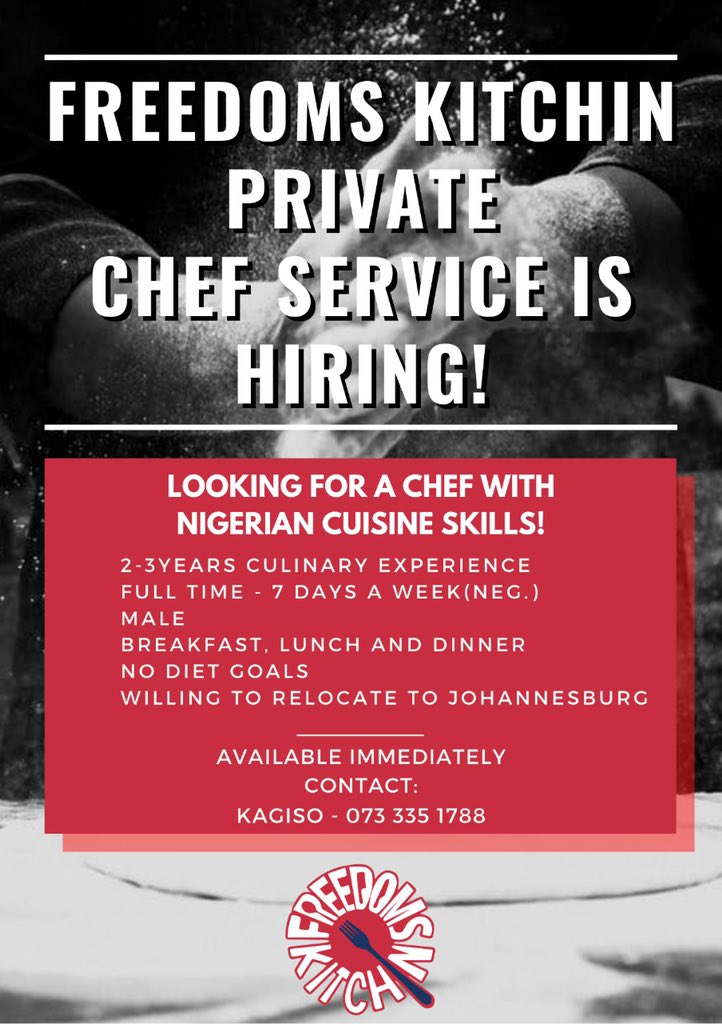 FreedomsKitchin's tweet photo. We are looking #nigeriafoodies #nigerianchef #chef #rt #jobpost https://t.co/RHX3McOjkm