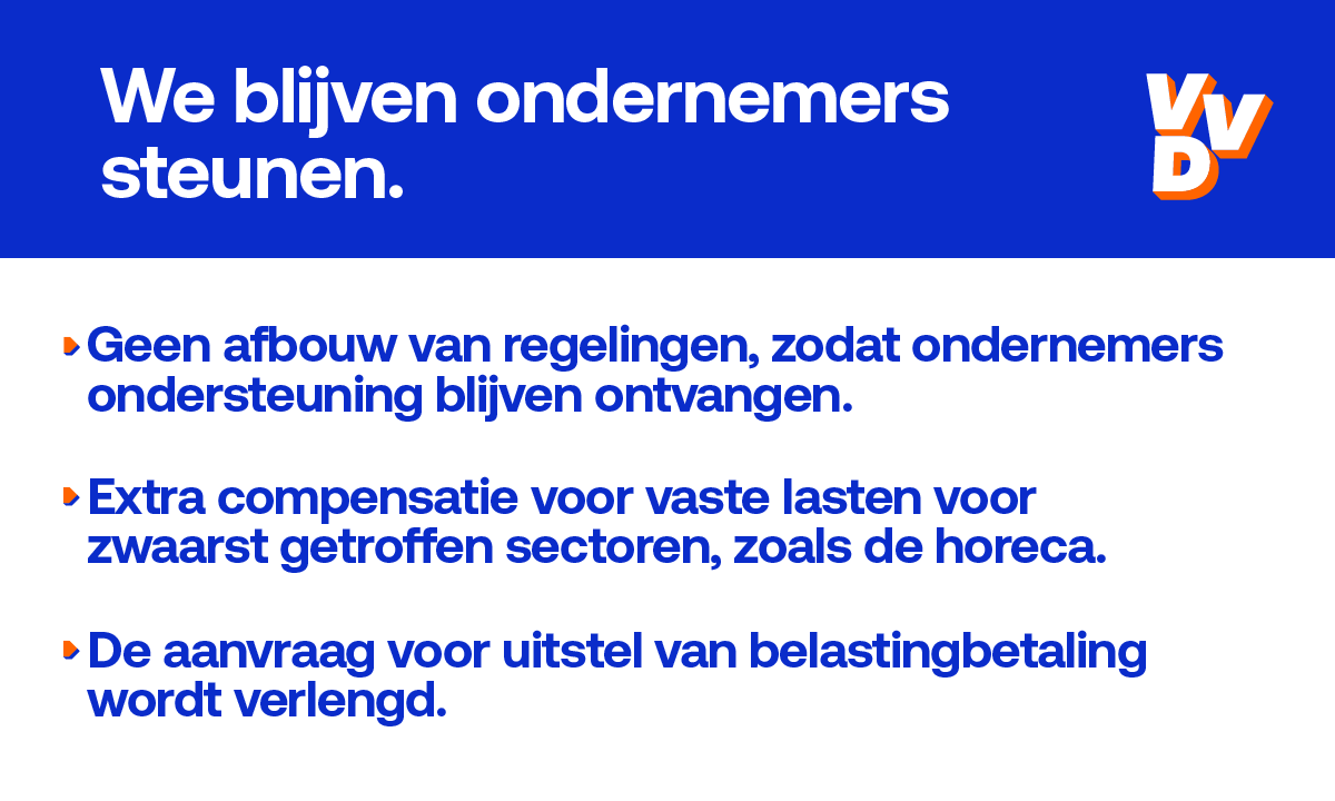 Veel ondernemers worden nog steeds hard geraakt door de coronacrisis. Daarom verlengen we verschillende steunmaatregelen.

Samen helpen we onze ondernemers door deze crisis heen. 💪