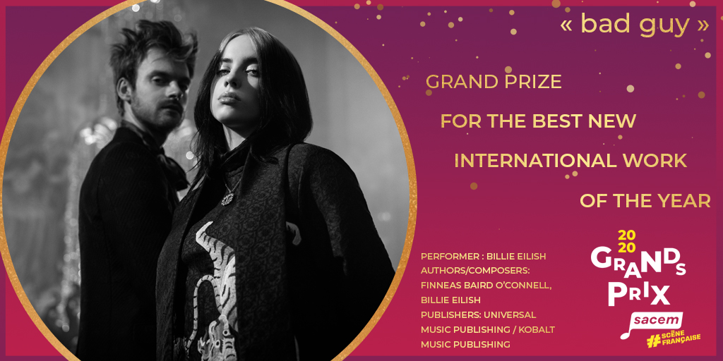 sacem's tweet photo. Congratulations to @billieeilish and @finneas for their Grand Prize for the best new international work of the year with "bad guy" 👏👏👏 #PrixSacem

Today, Sacem is glad to celebrate this multi-award winning song and talented creators who are breaking all records 🏆✊ https://t.co/icVwXJzaNc
