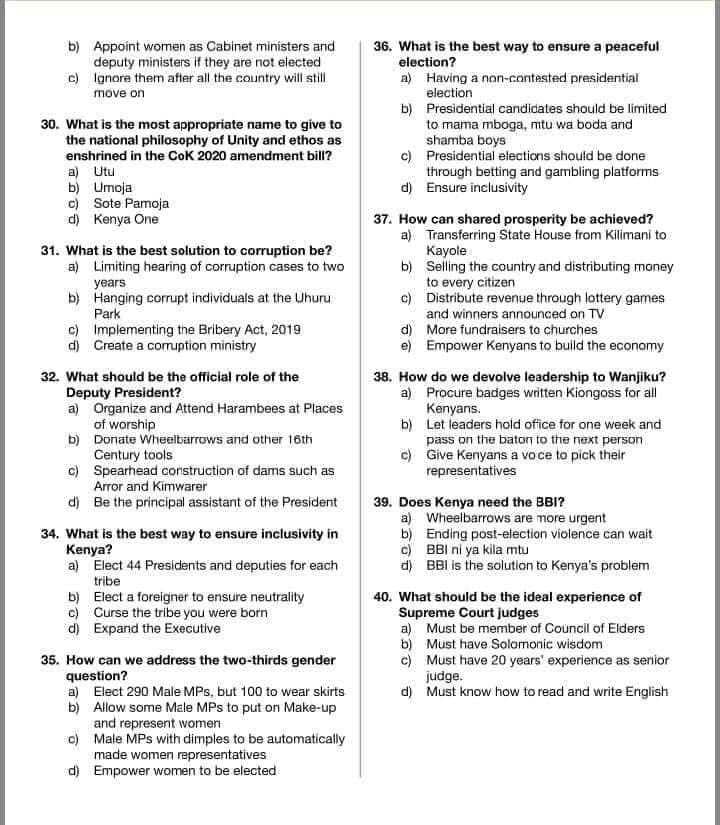 JunetMohamed's tweet photo. Kenyans are mocking those playing with their intelligence. They know demands by Tangatanga on multiple Qs are illogical. Our BBI Referendum views/questions have been crystallized into ONE BILL. This multiple choice Qs referendum can be a good exam pale Weston Secondary School. https://t.co/ZHTwt4d4ge