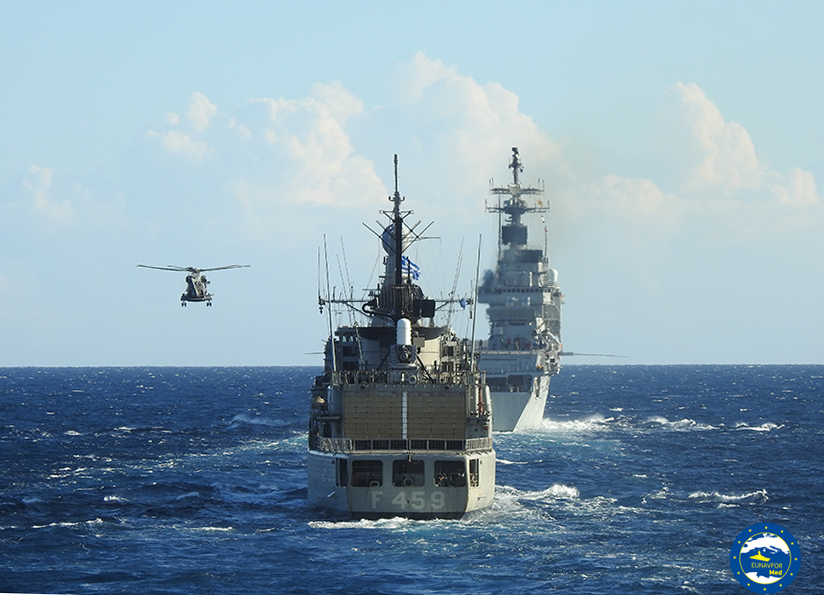 EUNAVFOR_MED's tweet photo. The Irini’s #Flagship, the #Greek #ADRIAS, conducted a passex exercise in the #MED with two #Italian warships, ITS #Bergamini and ITS #Garibaldi. Op. #IRINI continues to seek interoperability with #EU navies to grant the #MaritimeSecurity in the MED. News👉https://t.co/WXsxMkGC5G https://t.co/603SKCURYz