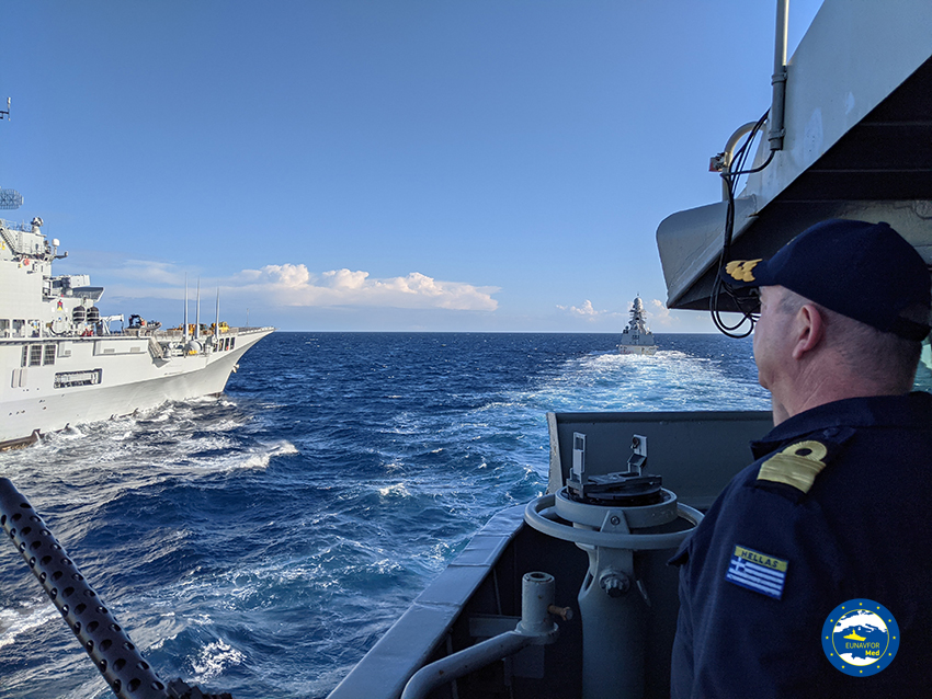 EUNAVFOR_MED's tweet photo. The Irini’s #Flagship, the #Greek #ADRIAS, conducted a passex exercise in the #MED with two #Italian warships, ITS #Bergamini and ITS #Garibaldi. Op. #IRINI continues to seek interoperability with #EU navies to grant the #MaritimeSecurity in the MED. News👉https://t.co/WXsxMkGC5G https://t.co/603SKCURYz