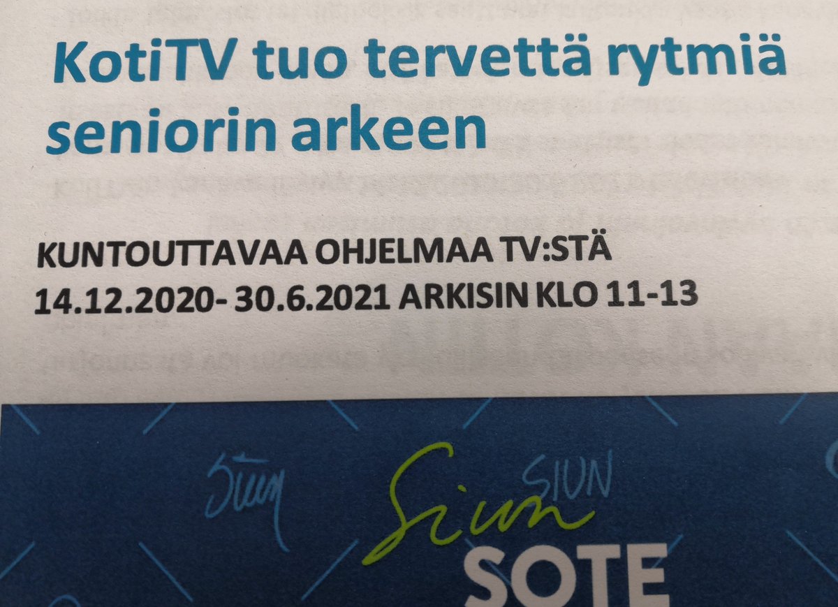 PKMuisti's tweet photo. Löydä Muistiradio - ja löydä Koti TV! Siun sote aloittaa uudenlaisen etäkuntoutusohjelman telkkarissa Kuntoa kansalle -palvelun kanssa. Kuuntele lisää Muistiradiosta https://t.co/FzlWrfNoMb #muistiradio #kotitv #muistisairaudet https://t.co/MxJJTsUUh3