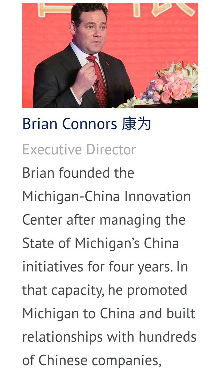 4. Brian Connors, the founder of MCIC, managed Michigan's China initiatives under Gov. Snyder and coordinated 7 trade mission trips for his Office. MCIC also has an OFFICE in Shanghai where Crystal Li works and Yahang Zahang came from China to work at MCIC in Michigan.