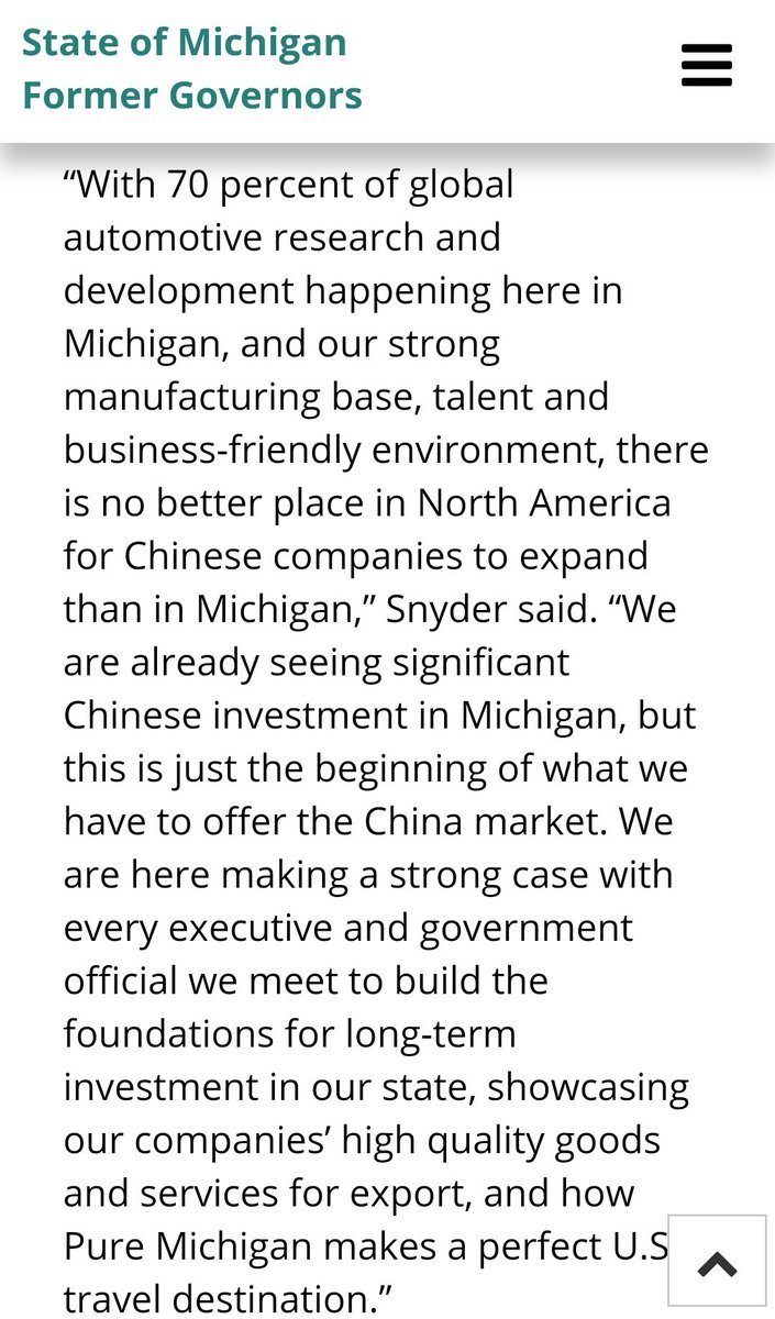 14. The number of Michigan Chinese businesses, especially auto companies have grown exponentially since 2011 when Snyder took Office. In 2014, he signed a MOU to host US - China automotive forums in Detroit and Shanghai/Beijing.