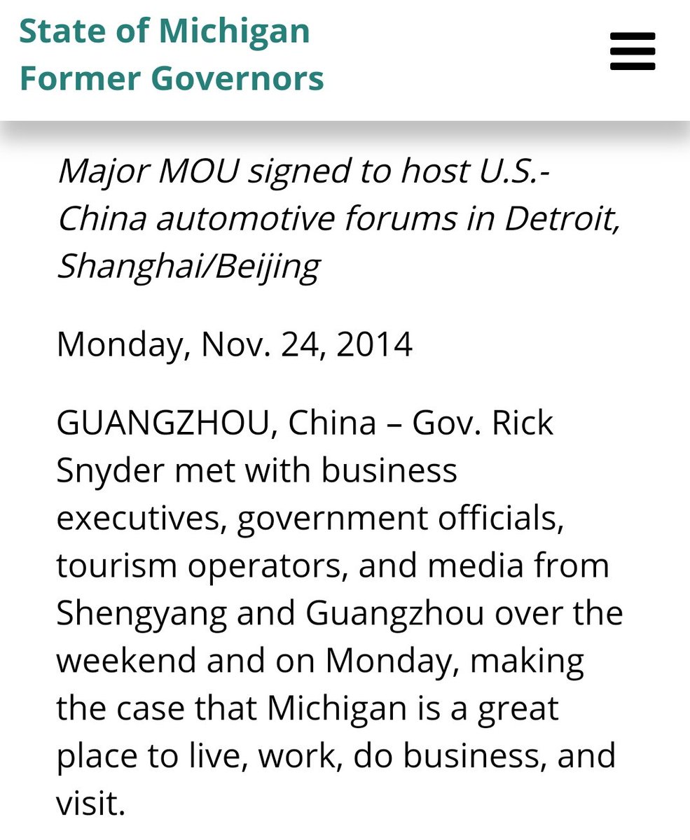 14. The number of Michigan Chinese businesses, especially auto companies have grown exponentially since 2011 when Snyder took Office. In 2014, he signed a MOU to host US - China automotive forums in Detroit and Shanghai/Beijing.