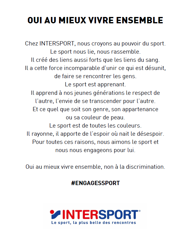 Oui au mieux vivre ensemble, non à la discrimination.
#Engagessport <a href="/Intersport_FR/">INTERSPORT France</a>
