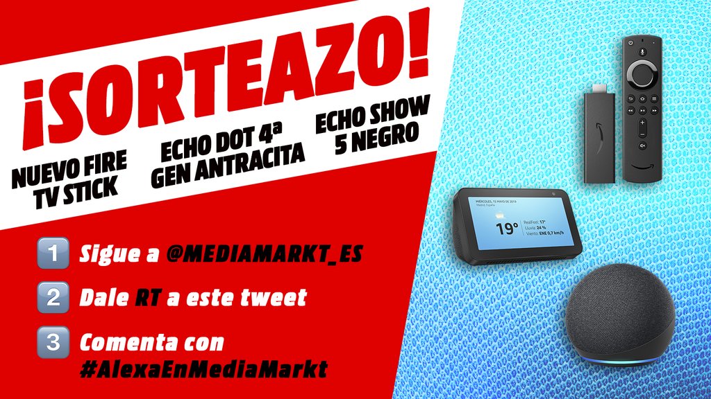 MediaMarkt_es's tweet photo. 🎁¡SORTEAZO!¿Quieres ganar uno de estos 3 dispositivos inteligentes con Alexa de #Amazon?

⚡️ 3 Fire TV Stick - 3 Echo Dot 4ª Gen - 3 Echo Show 5⚡️

1⃣ Síguenos
2⃣ Dale RT
3⃣ Comenta con #AlexaEnMediaMarkt ¿Qué es lo primero que le preguntarías?

⏱️Solo hasta el 13/12‼️ https://t.co/JzANLHBCTD