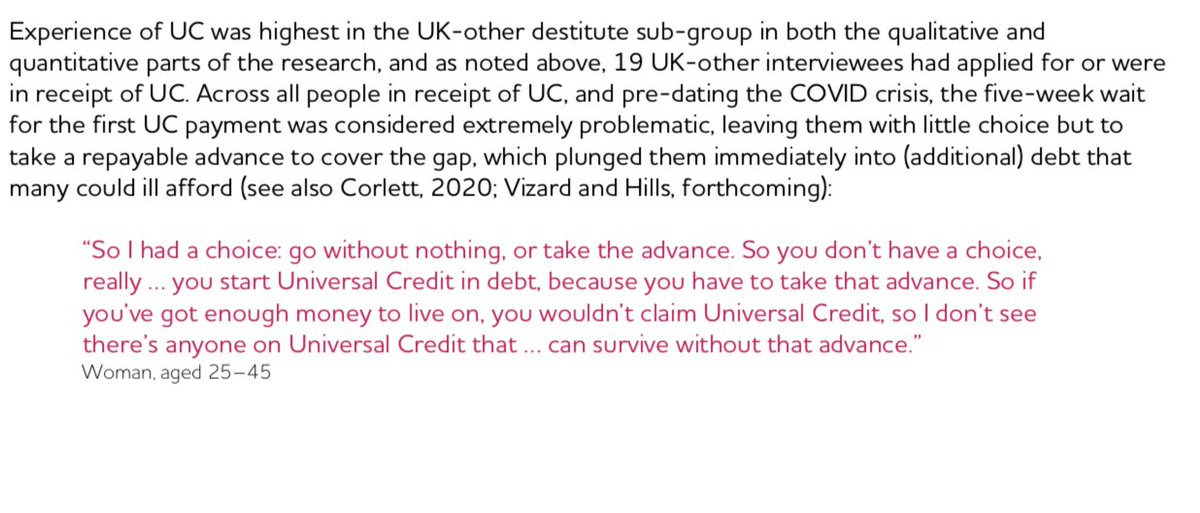 Finally, there is qualitative research on the impact that COVID-19 has had Unsurprisingly, the five week wait for UC and the reduction. in housing related payments led to a rise in destitution Also, unsurprisingly, reduced sanctions also led to a fall in destitution(6/8)