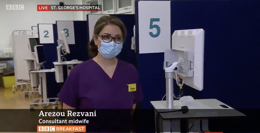Brava to #ArezouRezvani a Consultant Midwife at @StGeorgesTrust for kicking off the #VDAY #COVID19Vaccine programme by administering the 1st vaccine to the very 1st patient who works at a local care home. bbc.in/3gw60O0 @RezvaniArezou #BBCBreakfast #IranianWomen