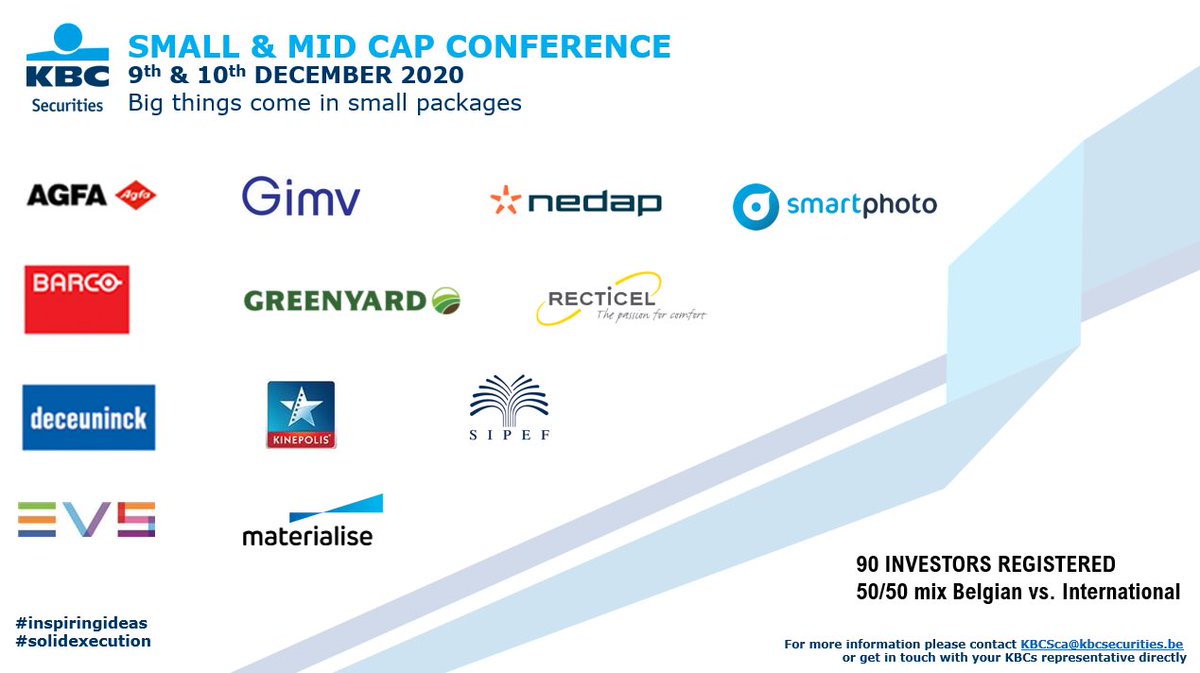 Our last conference of ‘20 started under the loving motto ‘big things come in small packages’. Thanks management teams of #Agfa <a href="/Barco/">Barco</a> #Deceuninck  <a href="/EVSEquipment/">EVS Broadcast Equipment</a> <a href="/Gimv/">Gimv</a>  #Greenyard <a href="/Kinepolis/">Kinepolis België</a> <a href="/MaterialiseNV/">Materialise</a> <a href="/Nedap/">Nedap</a> #Recticel #Sipef and <a href="/smartphoto_be/">smartphoto_be</a> and investors from 8 countries.