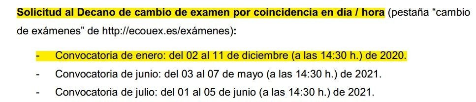 🟥RECORDATORIO: Solicitud cambio de examen por coincidencia día/hora
-Convocatoria de enero: del 02 al 11 de diciembre ( a las 14:30 h.) de 2020