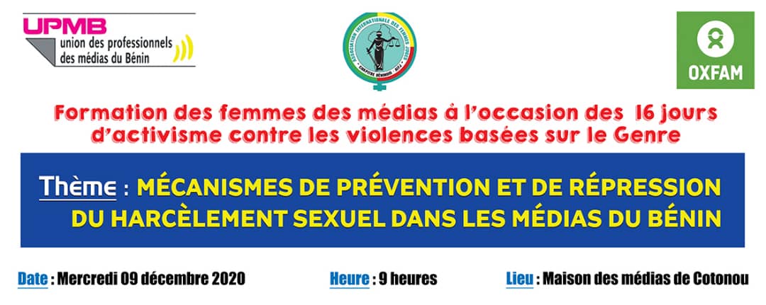 #16joursactivismeVFF
Avec l'appui financier de <a href="/OxfamAuBenin/">Oxfam au Bénin</a>, l'UPMB organise ce 09 déc. 20, un atelier de formation d'une vingtaine de femmes des médias du Bénin sur les mécanismes de prévention et de répression violences faites aux femmes. <a href="/DDCBenin/">Coopération suisse au Bénin</a> <a href="/unfpa_benin/">UNFPA Bénin CO</a> <a href="/ToTjoelker/">To Tjoelker-NLambBénin</a>