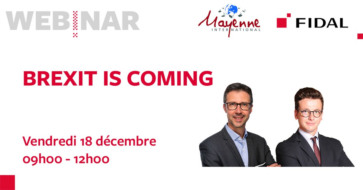 [WEBINAR] - Vendredi 18 décembre
#BREXIT IS COMING
Organisé par Mayenne International et animé par Louis-Marie Savy de notre bureau de Laval et Cédric Provot.
Inscription et détails : fidal.pro/documents/abcd……
#douanes #RoyaumeUni #unioneuropeenne #europe