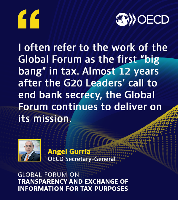 OECDtax's tweet photo. 🗨️ “I often refer to the work of the Global Forum as the first big bang in #tax.” - @OECD Secretary-General @A_Gurria opening the #GFplenary2020.

📺 https://t.co/lSSXWnqOxT https://t.co/C2Ueexxt7A