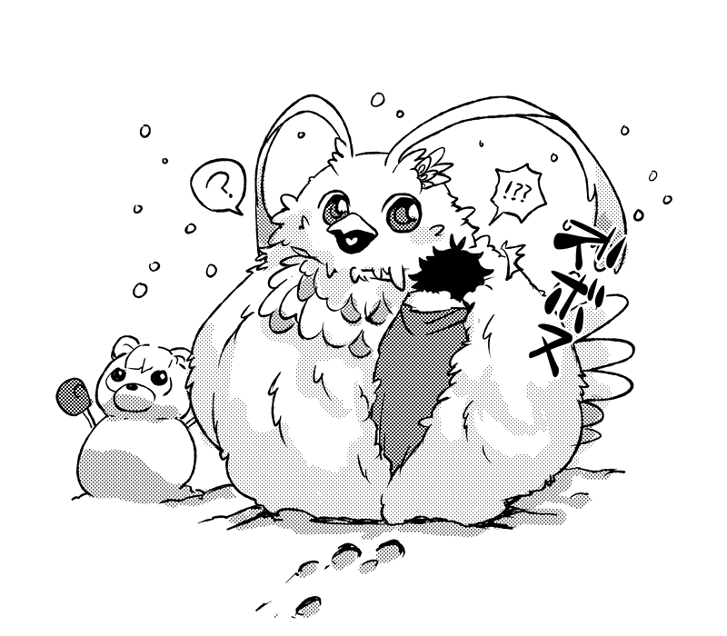 寒い冬の日にふくらフィロリアルに衝突する寝ぼけ盾の図
