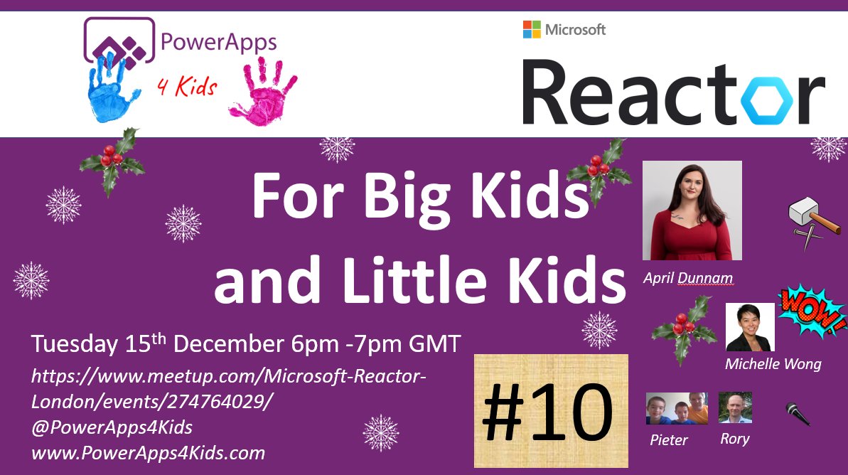 PowerApps4Kids's tweet photo. Hey everyone.  Date for your @MSPowerApps diaries.  Superstars @aprildunnam and @MichelleWongNL will be joining us for some festive🎅🎄 fun Tuesday 15th Dec 6pm GMT.  Hope to see you there.  Make sure you register to get the link on the day 😀 https://t.co/plavOCm3vM https://t.co/6qVI8MAd08