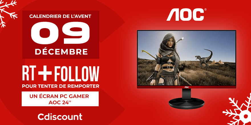 #CalendrierDeLavent - Jour 09 🎄

🎁 Aujourd'hui un écran gamer AOC 24'' à gagner : pick.aw/lxAZVtY 

Pour tenter ta chance :

🔹 RT + Follow <a href="/Cdiscount/">Cdiscount</a>

🍀 TAS le 10/12

⏰ Rdv demain pour découvrir un nouveau cadeau