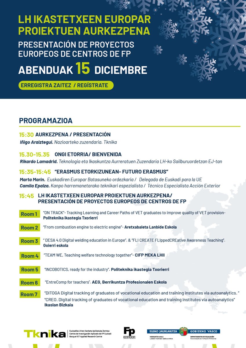 Int_Tknika's tweet photo. 📢 @FPeuskadi-ko ikastetxeen @EUErasmusPlus KA2/KA3 berrikuntza proiektuen aurkezpena 💻
Aurkezpenean izango ditugu:
- Rikardo Lamadrid @rlamaintxau
- Marta Marin @MMarinBxl
- Camila Epalza @CamiladeEpalzaA
Noiz❓
📎Abenduak 15
🕞15:30
➡️https://t.co/ml4Pi5x3TZ https://t.co/sGpTdZnQK3