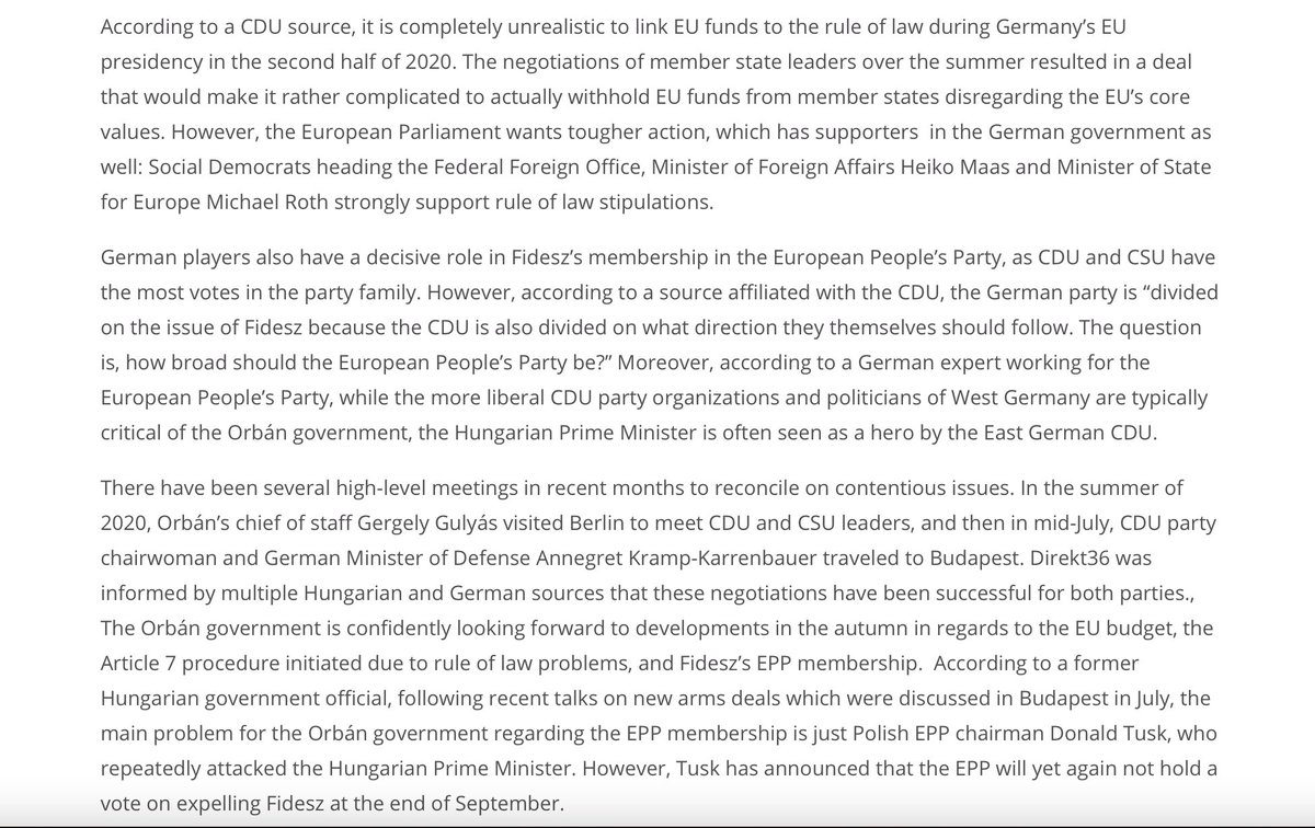 7/ Orban’s government uses German business interests as leverage in the debates over linking EU funds to rule of law criteria or Fidesz’s  @EPP membership.