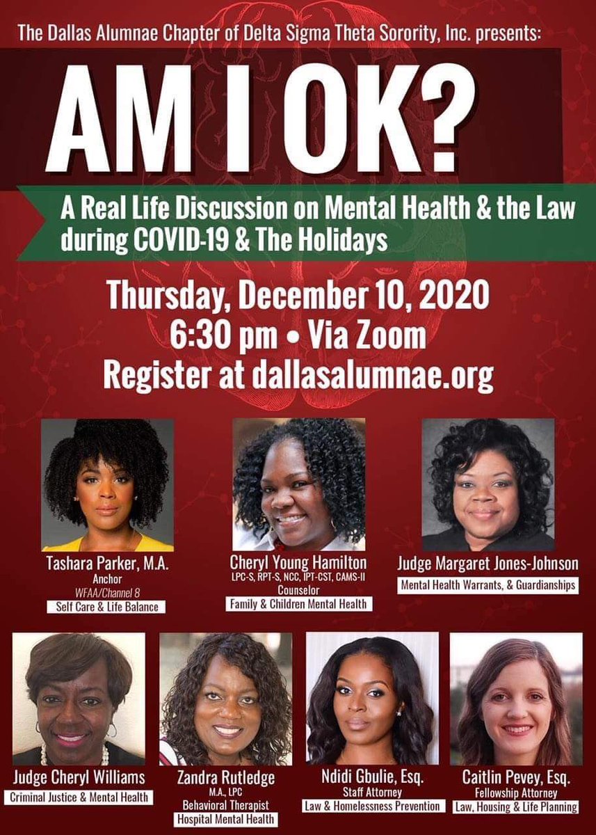 DST_DA's tweet image. Join us for A Real Life Discussion on Mental Health &amp;amp; the Law during COVID-19 &amp;amp; The Holidays. A dynamic panel of speakers discuss mental health issues such as stress, anxiety, grief, loss, family life balance, &amp;amp; taking care of oneself.
Registration URL: zoom.us/webinar/regist…