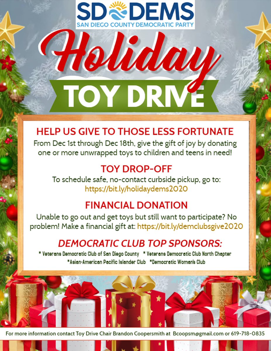 DemClubs's tweet photo. Holiday Toy Drive, ADEMs, Georgia, Council Prez
Give. Run for ADEMs. Save the country. Deliver for San Diego. 
https://t.co/3JuSPJ0Kcx https://t.co/rH7E4jl7Zq