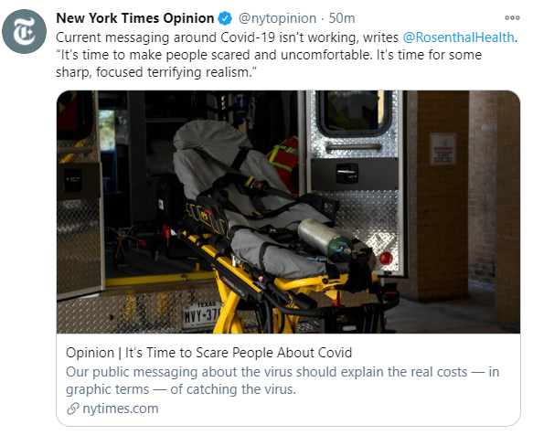 Dear  @nytimes,This article is obtuse & offensiveHere's what intentionally scaring people actually does:*deteriorate collective mental health*degrade media's credibility*catalyze harmful policies*expose the privilege inherent in this POV& it doesn't work for C19...