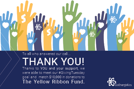 GoEnergistics's tweet photo. Thank you to all who contributed to our #GivingTuesday campaign, benefitting @YRFund! Thanks to your support, we matched $10,000 in donations! Visit our website to learn more: https://t.co/3CcvjVVsAo #ServingThoseWhoServe #YRFund https://t.co/R2Bsl7diib