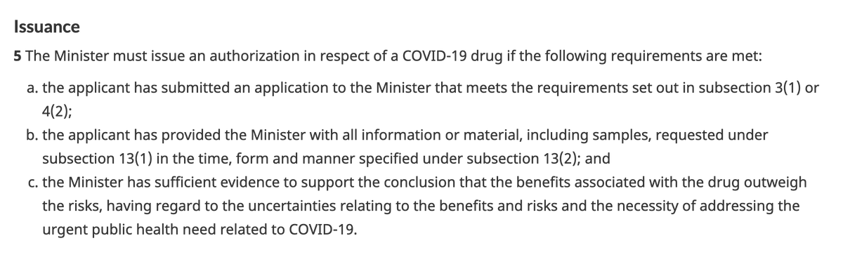 1. The authorization is pursuant to section 5 of the Interim Order, which was put into place in mid-September.  https://www.canada.ca/en/health-canada/services/drugs-health-products/covid19-industry/drugs-vaccines-treatments/interim-order-import-sale-advertising-drugs.html