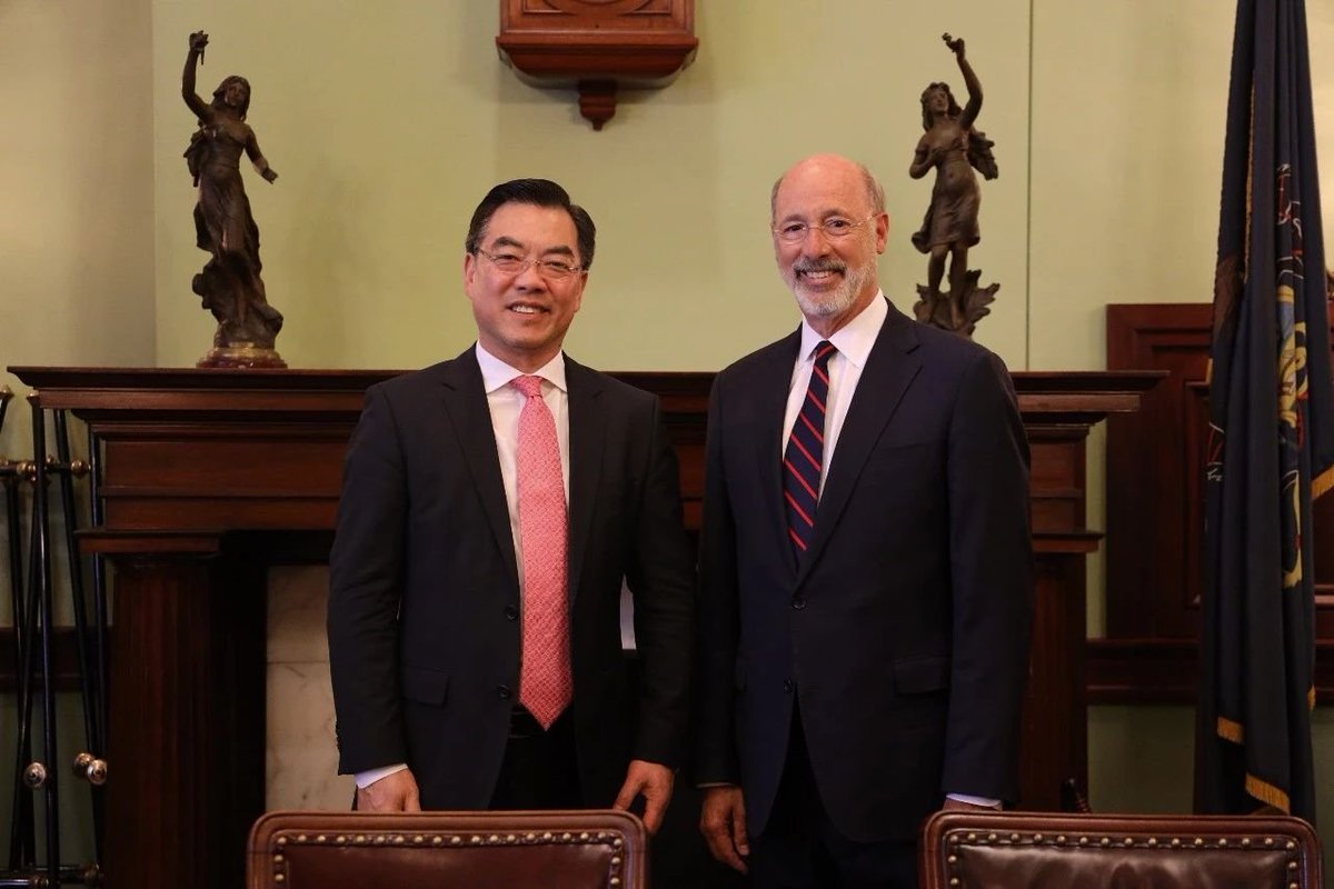 August 6 & 7, 2019Consul General Huang Ping invited to Pensylvania capital & met Governor Tom Wolf, who welcomed his delegation. PA government attaches great importance to developing relations w/ China. Believes they can overcome current difficulties. http://newyork.china-consulate.org/eng/zxhd/t1703204.htm