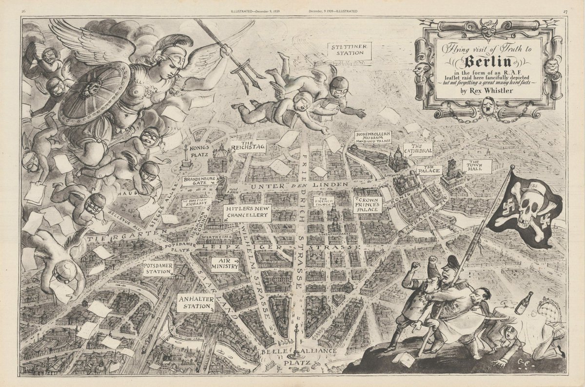 bostonraremaps's tweet photo. A scarce and wonderful persuasive map by cartoonist Rex Whistler celebrating the first RAF raid on Berlin in 1939, during which Whitley bombers dropped propaganda leaflets rather than bombs.
#Berlin #mapporn #cartography #mapsareweapons #maps #oldmaps https://t.co/skhT6Oyxni https://t.co/EXXYKV4oZM