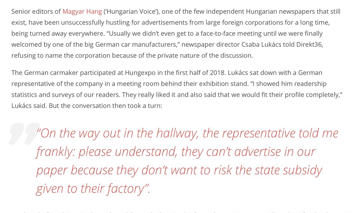 4/ Orban managed to build a powerful propaganda machine partly because German companies like Axel Springer or Deutsche Telekom were willing to sell their media outlets. Moreover, large German companies tend not to advertise in Hungarian outlets critical of Orban...