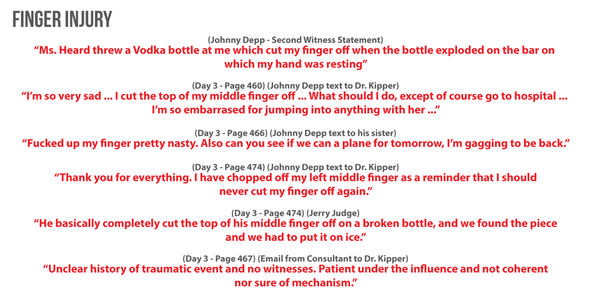 Depp could not remember how he lost the tip of his finger when talking to a Consultant. Texts show him explaining he did it to himself.
