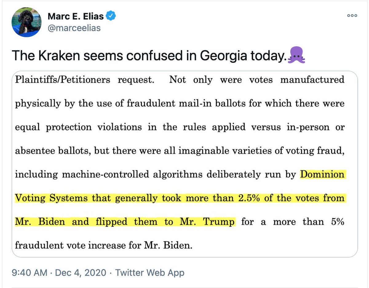 The amazing  @marceelias highlighted an interesting section from one of Trumps casesTRUMP alleged that Dominion machines in Georgia had a machine-controlled algorithm that flipped 2.5% of the votes FROM Biden TO TrumpWTF Did Trump accidentally confess to vote flipping?