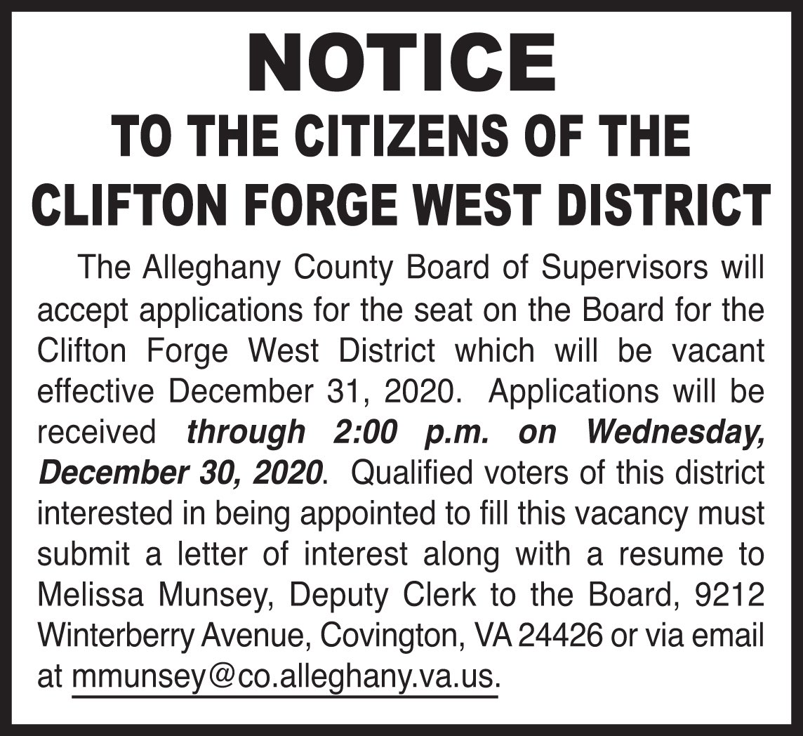 Let’s get the word out and get a fresh new face involved in our local government!  

We would love to see a large number of interested applicants for this CF West Board of Supervisors appointment.

#AlleghanyCORE
#AlleghanyHighlands
#CliftonForgeVA
#RacialEquality
#VAisForLovers